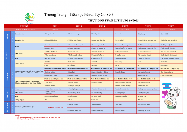 Thực đơn THPT | Từ 06/10/2025 - 11/10/2025