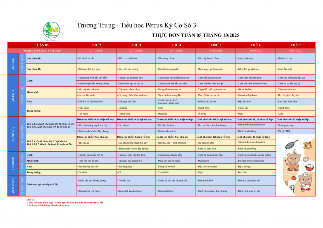 Thực đơn THPT | Từ 27/10/2025 - 01/11/2025
