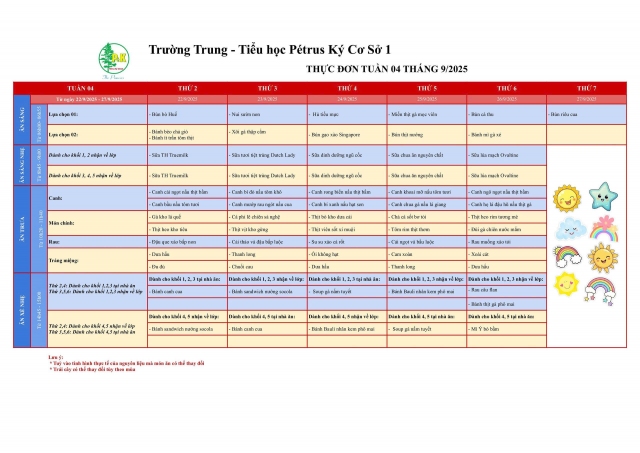 Thực đơn Tiểu học | Từ ngày 22/09 đến ngày 27/09/2025