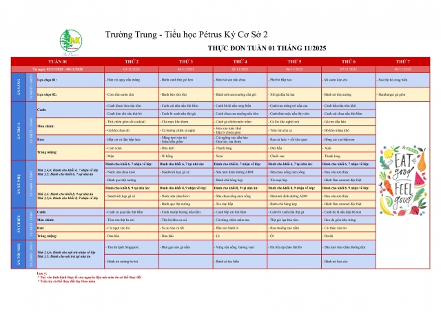 Thực đơn THCS | Từ ngày 03/11/2025 đến ngày 08/11/2025