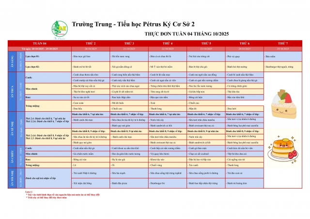 Thực đơn THCS | Từ 20/10/2025 đến 25/10/2025