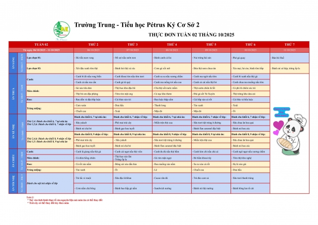 Thực đơn THCS | Từ 06/10/2025 - 11/10/2025