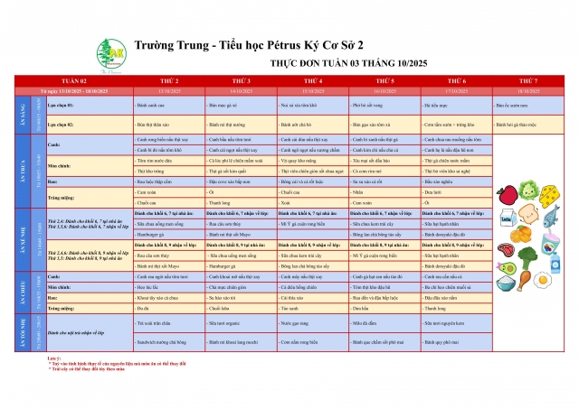 Thực đơn THCS | Từ 13/10/2025 đến 18/10/2025