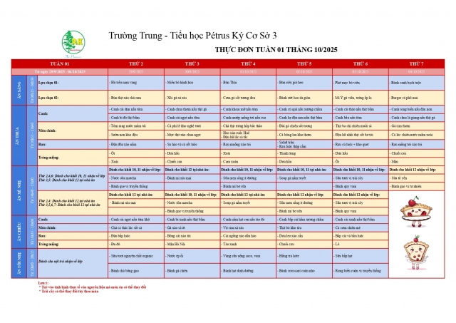 Thực đơn THPT | Từ 29/9 đến 04/10/2025