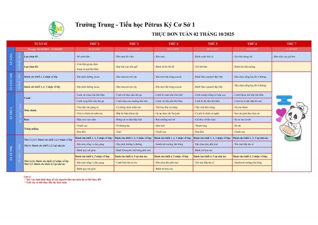 Thực đơn Tiểu học | Từ ngày 06/10 đến ngày 11/10/2025