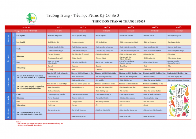 Thực đơn THPT | Từ 03/11/2025 đến 08/11/2025