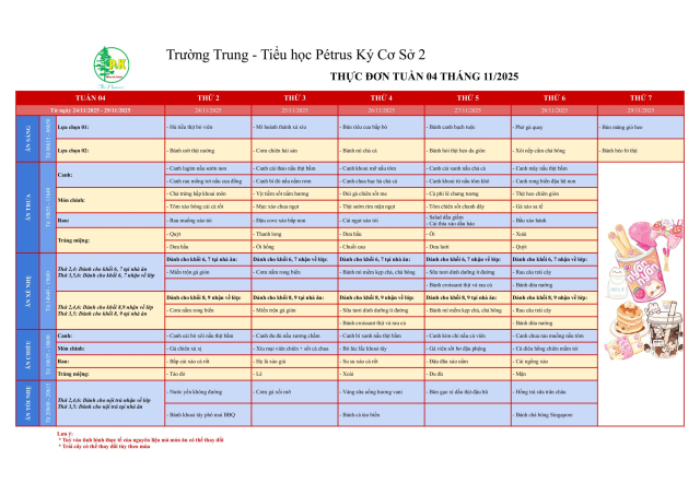 Thực đơn THCS | Từ ngày 24/11/2025 đến ngày 29/11/2025