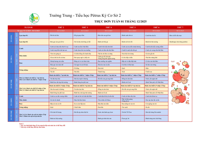 Thực đơn THCS | Từ ngày 01/12/2025 đến ngày 06/12/2025