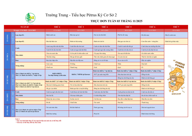 Thực đơn THCS | Từ ngày 17/11/2025 đến ngày 22/11/2025