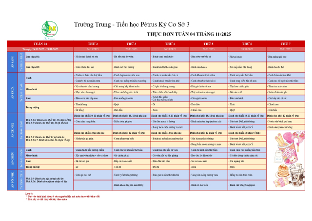 Thực đơn THPT | Từ 24/11/2025 đến 29/11/2025