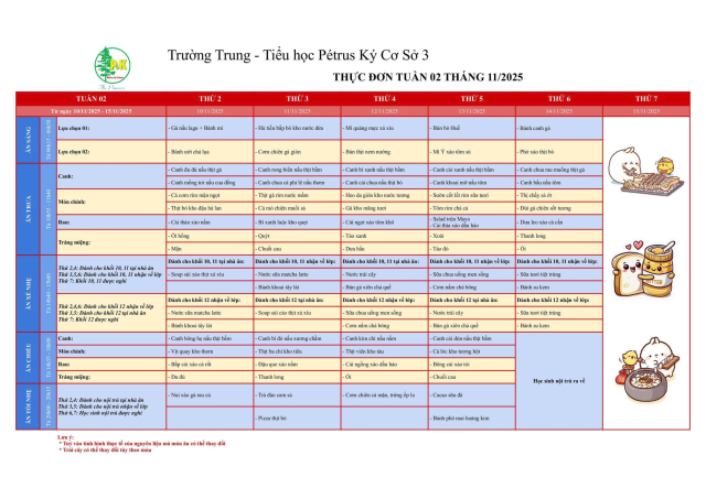 Thực đơn THPT | Từ 10/11/2025 đến 15/11/2025