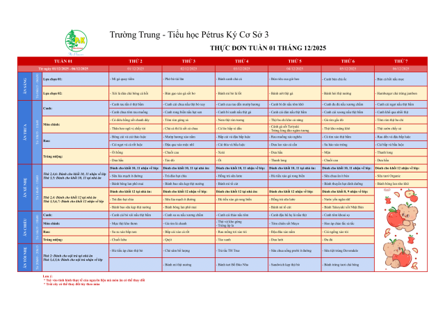 Thực đơn THPT | Từ ngày 01/12/2025 đến ngày 06/12/2025