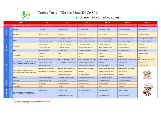 Thực đơn THPT | Từ ngày 08/12/2025 đến ngày 13/12/2025