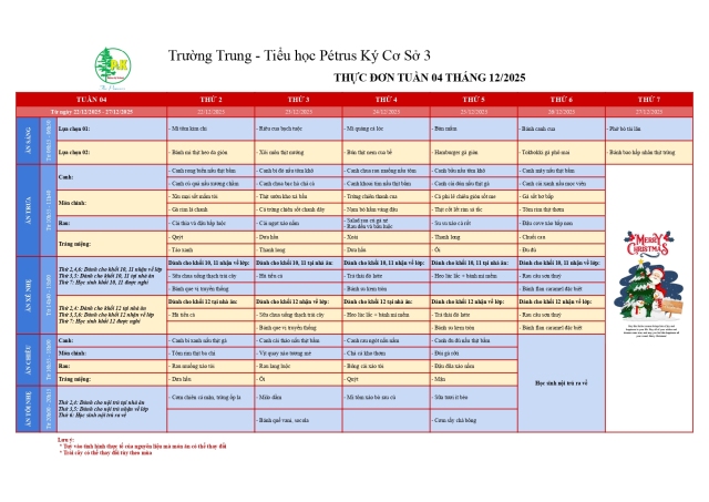 Thực đơn THPT | Từ ngày 22/12/2025 đến ngày 27/12/2025