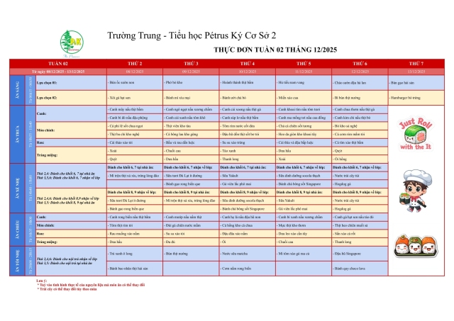 Thực đơn THCS | Từ ngày 08/12/2025 đến ngày 13/12/2025