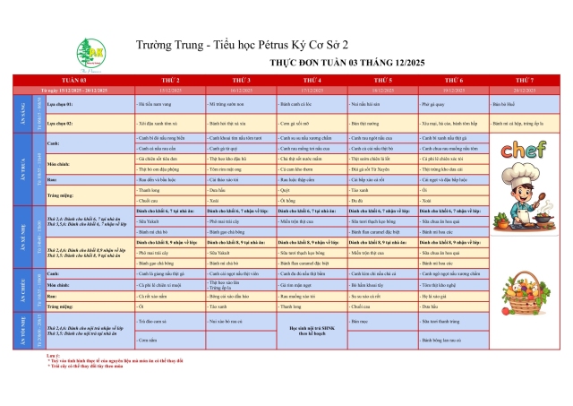 Thực đơn THCS | Từ ngày 15/12/2025 đến ngày 20/12/2025