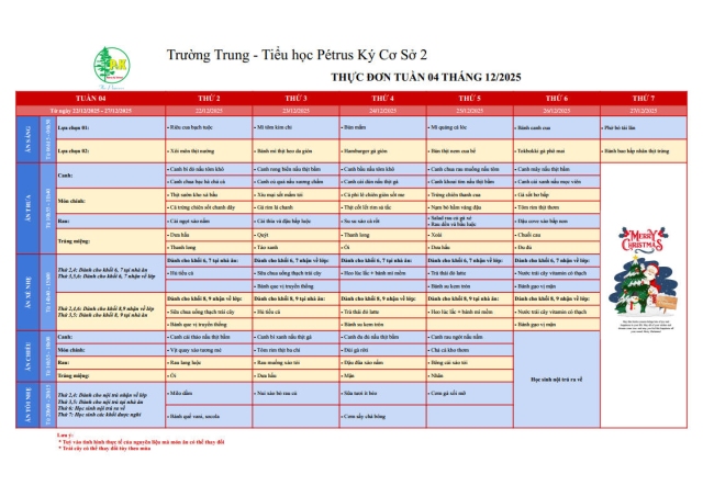 Thực đơn THCS | Từ ngày 22/12/2025 đến ngày 27/12/2025