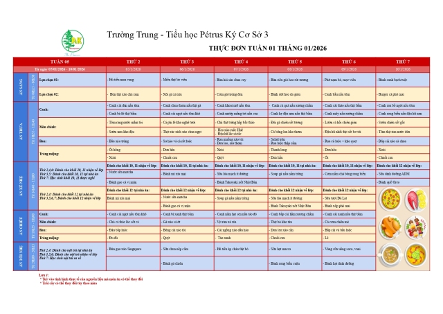 Thực đơn THPT | Từ ngày 05/1/2026 đến ngày 10/1/2026