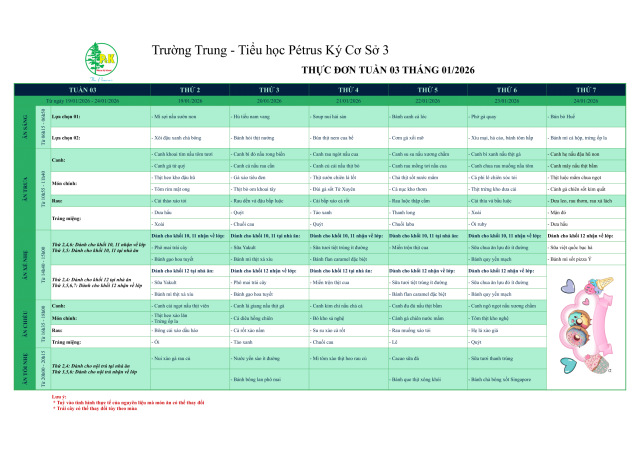 Thực đơn THPT | Từ ngày 19/1/2026 đến ngày 24/1/2026