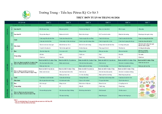 Thực đơn THPT | Từ ngày 26/1/2026 đến ngày 31/1/2026