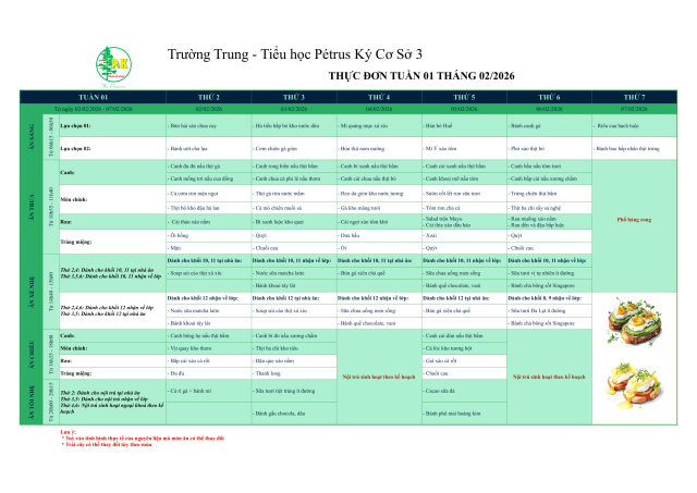 Thực đơn THPT | Từ ngày 02/2/2026 đến ngày 07/2/2026