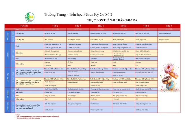 Thực đơn THCS | Từ ngày 05/1/2026 đến ngày 10/1/2026