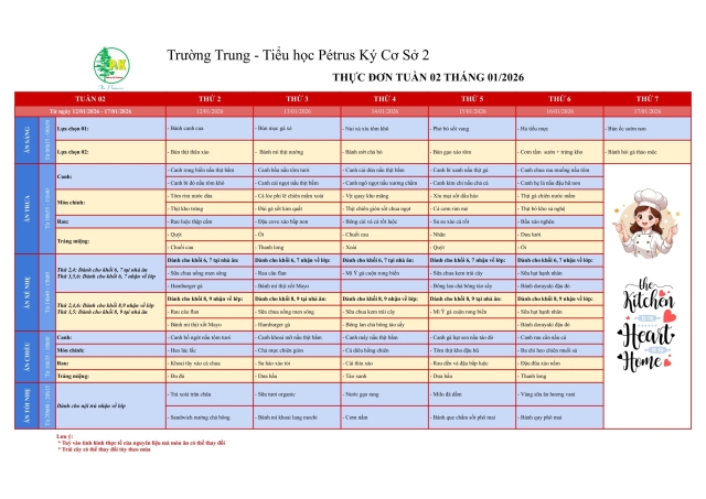 Thực đơn THCS | Từ ngày 12/1/2026 đến ngày 17/1/2026