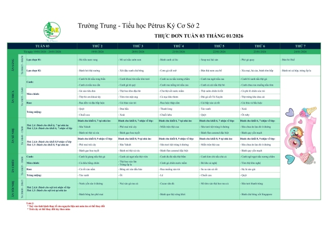 Thực đơn THCS | Từ ngày 19/1/2026 đến ngày 24/1/2026
