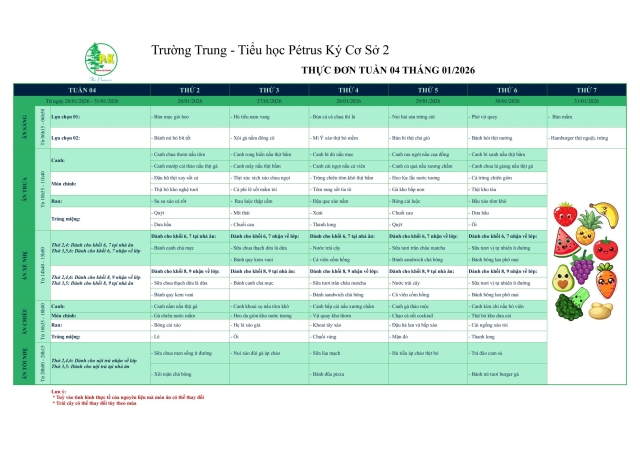 Thực đơn THCS | Từ ngày 26/1/2026 đến ngày 31/1/2026