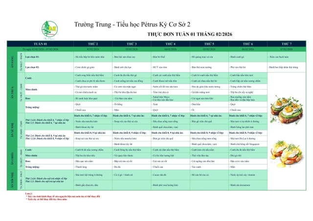 Thực đơn THCS | Từ ngày 02/02/2026 đến ngày 07/02/2026