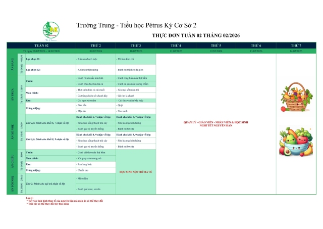 Thực đơn THCS | Từ ngày 09/02/2026 đến ngày 10/02/2026