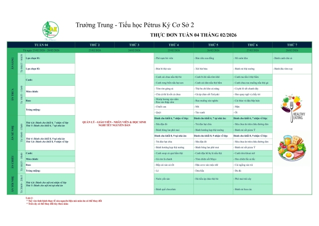 Thực đơn THCS | Từ ngày 25/02/2026 đến ngày 28/02/2026
