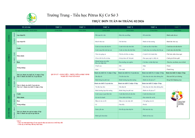Thực đơn THPT | Từ ngày 23/2/2026 đến ngày 28/2/2026