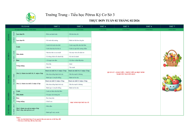 Thực đơn THPT | Từ ngày 09/2/2026 đến ngày 10/2/2026