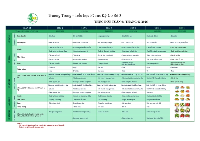 Thực đơn THPT | Từ ngày 02/03/2026 đến ngày 07/03/2026
