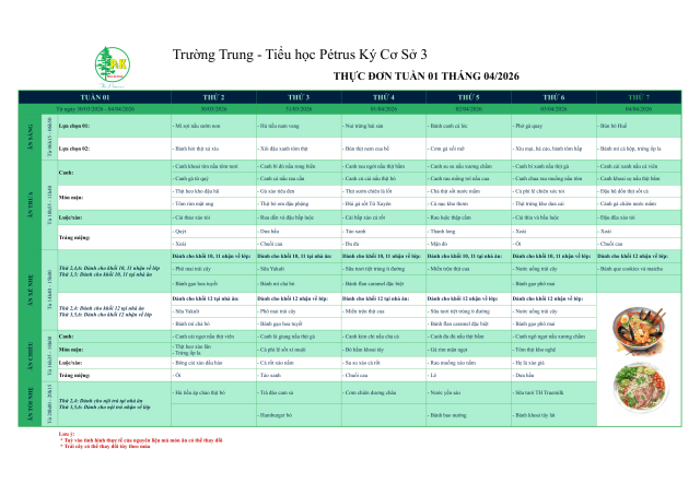 Thực đơn THPT | Từ ngày 30/03/2026 đến ngày 04/04/2026