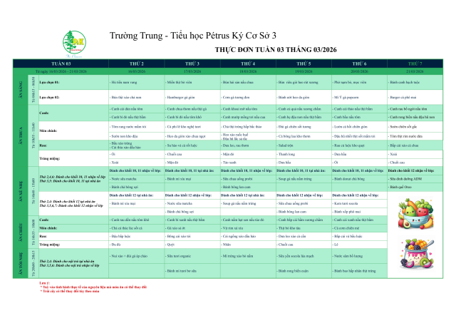 Thực đơn THPT | Từ ngày 16/03/2026 đến ngày 21/03/2026