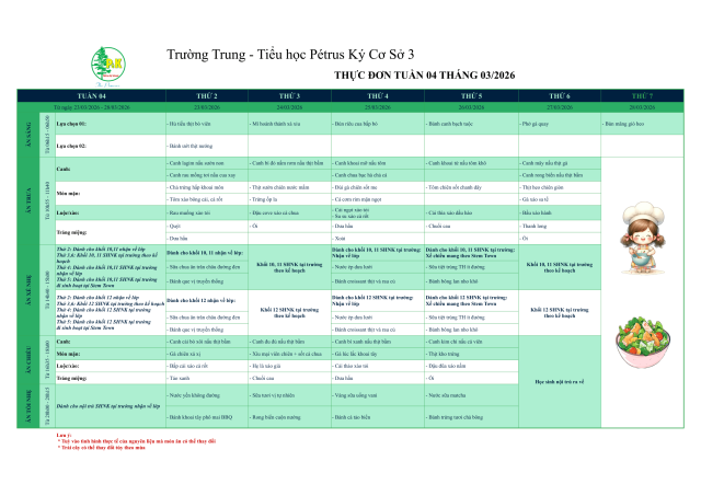 Thực đơn THPT | Từ ngày 23/03/2026 đến ngày 28/03/2026