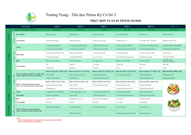 Thực đơn THPT | Từ ngày 09/03/2026 đến ngày 14/03/2026
