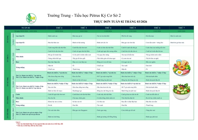 Thực đơn THCS | Từ ngày 09/03/2026 đến ngày 14/03/2026