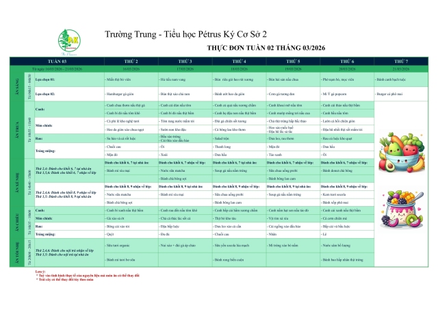Thực đơn THCS | Từ ngày 16/03/2026 đến ngày 21/03/2026