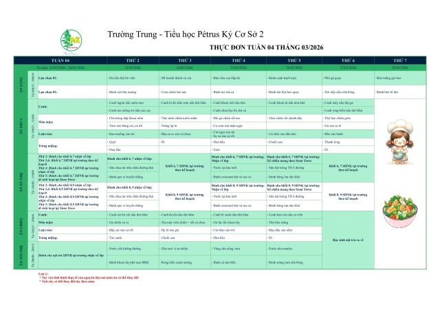 Thực đơn THCS | Từ ngày 23/03/2026 đến ngày 28/03/2026