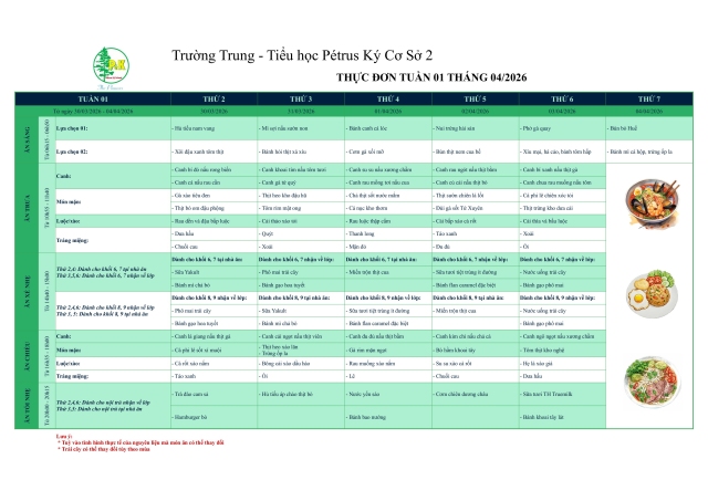 Thực đơn THCS | Từ ngày 30/03/2026 đến ngày 04/04/2026