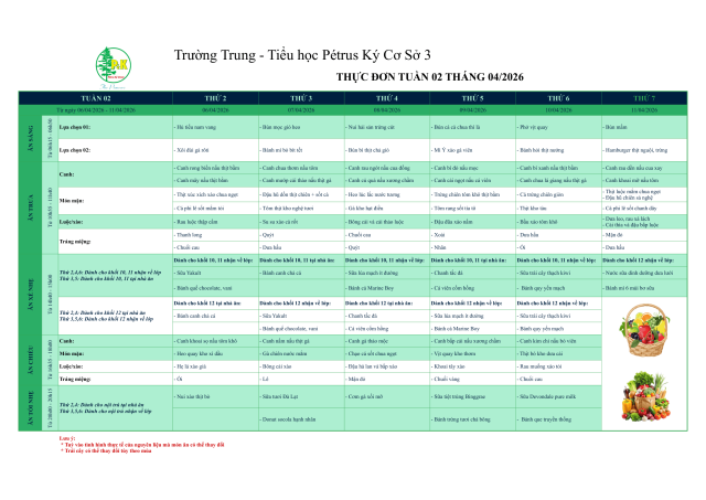 Thực đơn THPT | Từ ngày 06/04/2026 đến ngày 11/04/2026
