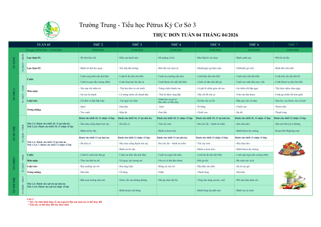 Thực đơn THPT | Từ ngày 20/04/2026 đến ngày 25/04/2026