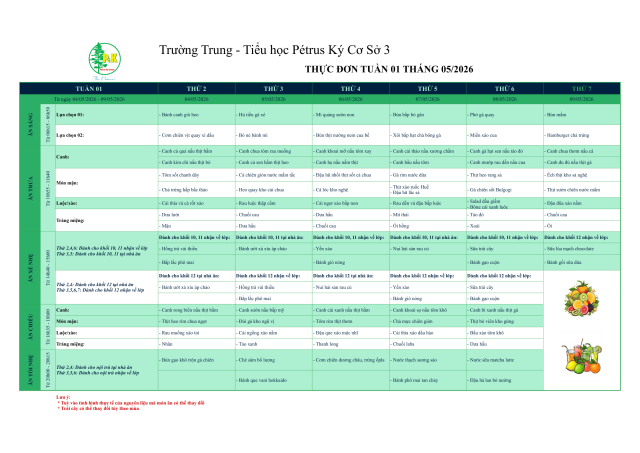 Thực đơn THPT | Từ ngày 04/05/2026 đến ngày 09/05/2026