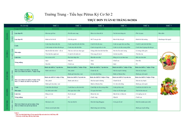 Thực đơn THCS | Từ ngày 06/04/2026 đến ngày 11/04/2026