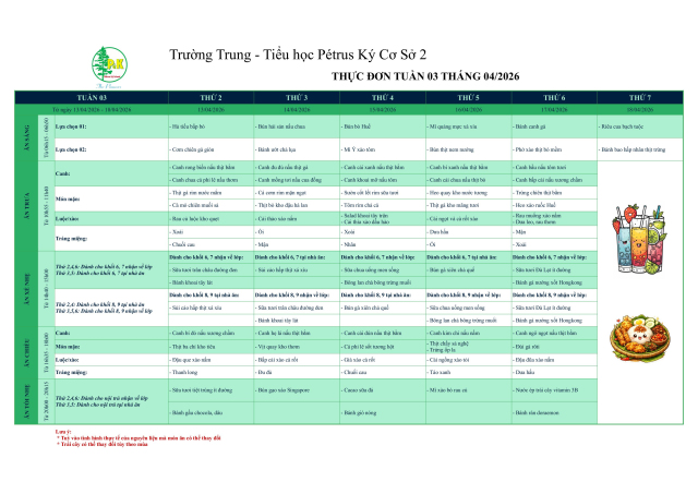 Thực đơn THCS | Từ ngày 13/04/2026 đến ngày 18/04/2026