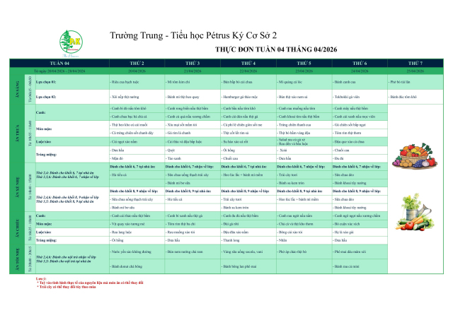 Thực đơn THCS | Từ ngày 20/04/2026 đến ngày 25/04/2026