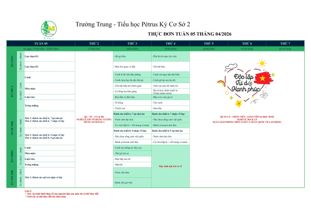 Thực đơn THCS | Từ ngày 28/04/2026 đến ngày 29/04/2026